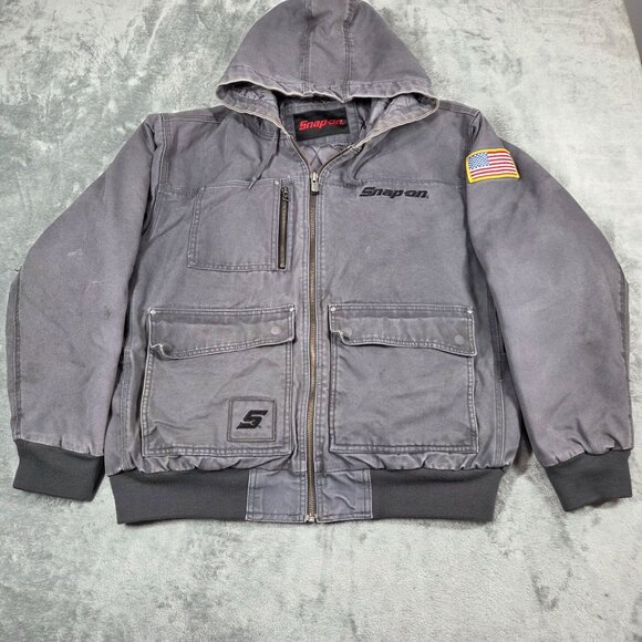 Snap On Tools Jacket Mens XL Gray Distressed Quilt Lined Hooded Canvas Coat - Picture 1 of 16